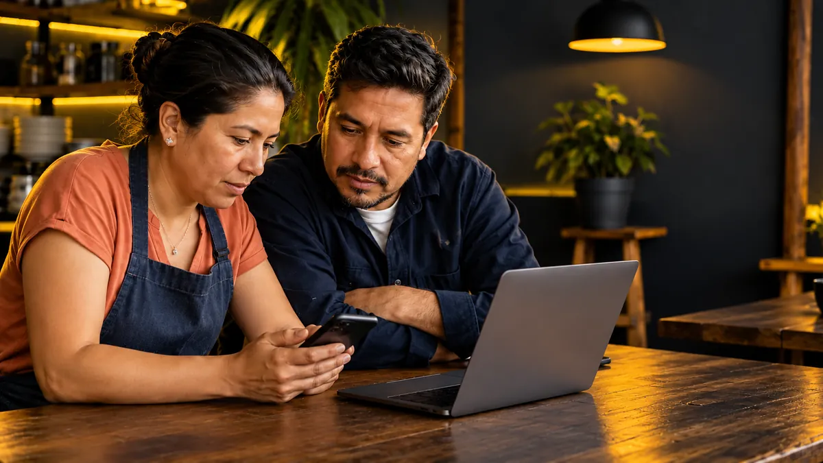 Dos emprendedores adultos revisando juntos el proceso desde un teléfono